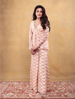 Vama Asher - Blush Motif Peplum Beige Kurti With Palazzo (Set of 2)