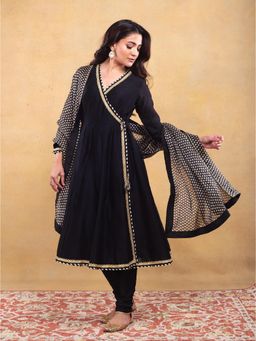 Vama Asher - Black Angrakha Kurta With Churidar And Dupatta (Set of 3)