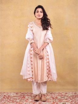Vama Asher - Blush Motif Kali Beige Kurta With Pant And Dupatta (Set of 3)