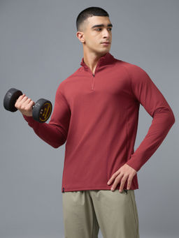 Technosport - Red Men Textured Slim Fit Mock Neck Sports T-Shirt