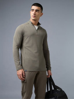 Technosport - Olive Men Textured Slim Fit Mock Neck Sports T-Shirt