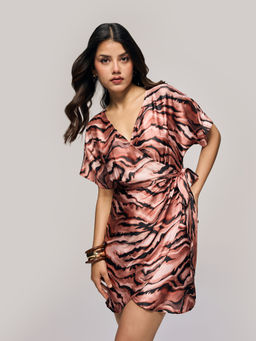 Twenty Dresses by Nykaa Fashion - Multi-Color Satin Animal Printed Wrap Mini Dress (XL)