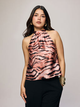 Twenty Dresses by Nykaa Fashion - Multi-Color Satin Animal Printed Halter Neck Incut Sleeves Top (XL)