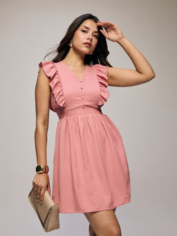 Twenty Dresses by Nykaa Fashion - Pink Textured V-Neck Smocked Waist Ruffled Mini Dress (2XL)