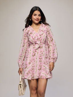 Twenty Dresses by Nykaa Fashion - Multi-Color Floral Cascade Tie-Up V Neck Mini Dress (2XL)