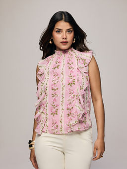 Twenty Dresses by Nykaa Fashion - Multi-Color Floral High Neck Cascade Ruffled Top