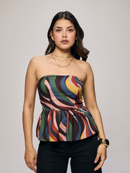 Twenty Dresses by Nykaa Fashion - Multi-Color Geometric Printed Smocked Peplum Tube Top (2XL)