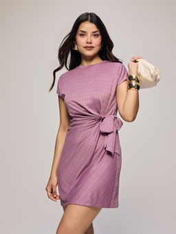 Twenty Dresses by Nykaa Fashion - Purple Textured Cap Sleeves Side Tie-Up Mini Dress (2XL)
