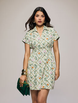 Twenty Dresses by Nykaa Fashion - Mint Green Floral Pointed-Collared Smocked Mini Dress (2XL)