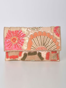 KALKI FASHION - Peach Floral Flap Clutch With Sequin