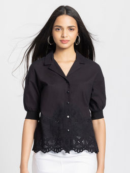 SHAYE - Women Black Lapel Collar Solid Short Sleeves Casual Shirt