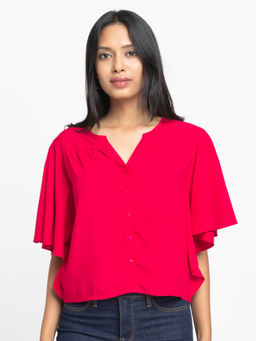 SHAYE - Women Fuchsia V-Neck Solid Short Sleeves Casual Shirt