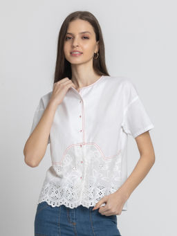 SHAYE - Women White Round Neck Embroidered Short Sleeves Casual Shirt