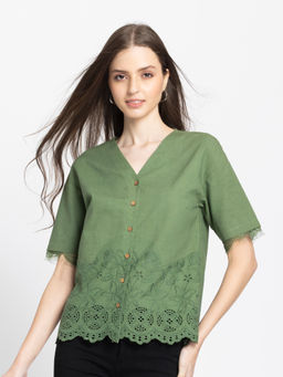 SHAYE - Women Olive Green V-Neck Embroidered Short Sleeves Casual Shirt
