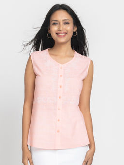 SHAYE - Women Peach V-Neck Printed Sleeveless Casual Shirt