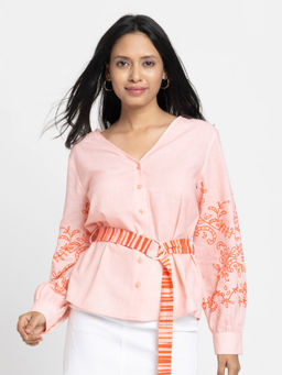 SHAYE - Women Peach V-Neck Printed Full Sleeves Casual Shirt with Belt