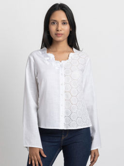 SHAYE - Women White Embroidered V-Neck Full Sleeves Casual Shirt