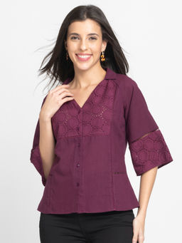 SHAYE - Women Wine V-Neck Schiffli Three-Quarter Sleeves Casual Shirt