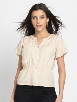 SHAYE - Women Beige Round Neck Embroidered Short Sleeves Casual Shirt