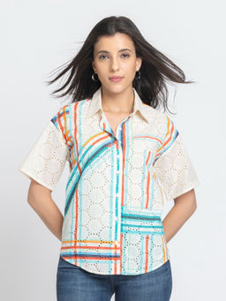SHAYE - Women Beige Spread Collar Stripe Print Schiffli Short Sleeves Casual Shirt