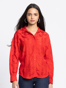 SHAYE - Women Red Solid Spread Collar Full Sleeves Casual Shirt