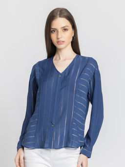 SHAYE - Women Blue V-Neck Solid Full Sleeves Casual Shirt