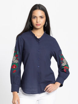 SHAYE - Women Navy Blue V-Neck Embroidered Full Sleeves Casual Shirt