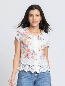 SHAYE - Women White V-Neck Floral Print Short Sleeves Casual Shirt
