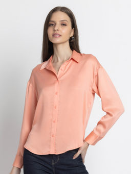 SHAYE - Women Peach Collar Neck Solid Full Sleeves Casual Shirt