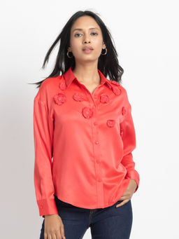 SHAYE - Women Coral Collar Neck Embroidered Full Sleeves Casual Shirt