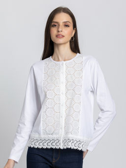 SHAYE - Women White Round Neck Solid Full Sleeves Casual Shirt