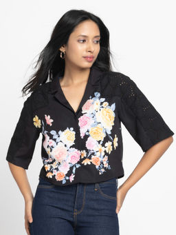SHAYE - Women Black Notch Collar Printed Schiffli Short Sleeves Casual Shirt