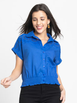 SHAYE - Women Cobalt Blue Spread Collar Schiffli Short Sleeves Casual Shirt