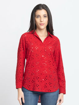 SHAYE - Women Red Collar Neck Schiffli Full Sleeves Casual Shirt