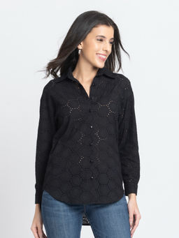 SHAYE - Women Black Spread Collar Schiffli Full Sleeves Casual Shirt