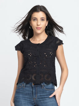 SHAYE - Women Black Round Neck Schiffli Short Sleeves Casual Shirt