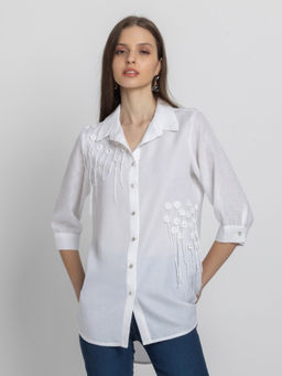 SHAYE - Women White Embroidered Collar Neck Three-Quarter Sleeves Casual Shirt