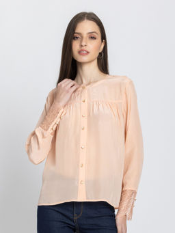 SHAYE - Women Peach Solid Round Neck Full Sleeves Casual Shirt