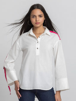 SHAYE - Women White Solid Collar Neck Full Sleeves Casual Shirt