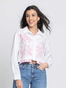 SHAYE - Women White Spread Collar Printed Full Sleeves Casual Shirt