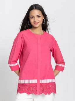 SHAYE - Women Pink Band Collar Solid Full Sleeves Casual Shirt