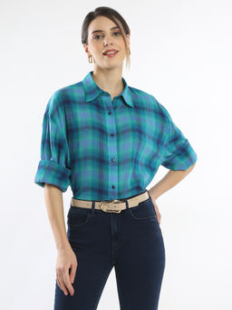 Gazillion - Ella Women Blue Checks Cotton Oversized Shirt