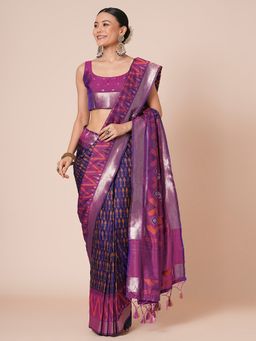 Akhilam - Navy Blue Women's Silk Blend Woven Saree with Unstitched Blouse