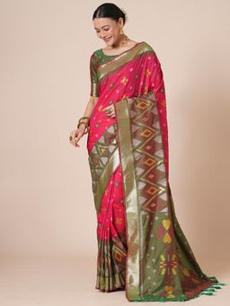 Akhilam - Pink Women's Silk Blend Woven Saree with Unstitched Blouse