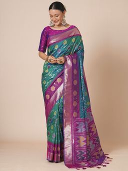 Akhilam - Green Women's Silk Blend Woven Saree with Unstitched Blouse