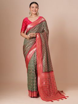 Akhilam - Green Women's Silk Blend Woven Saree with Unstitched Blouse