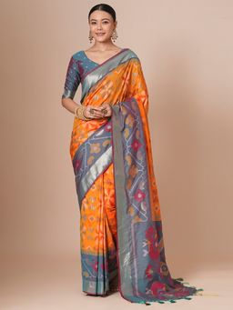 Akhilam - Orange Women's Silk Blend Woven Saree with Unstitched Blouse