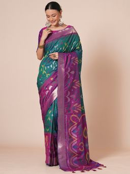 Akhilam - Green Women's Silk Blend Woven Saree with Unstitched Blouse