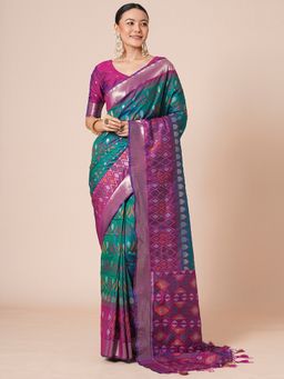 Akhilam - Green Women's Silk Blend Woven Saree with Unstitched Blouse