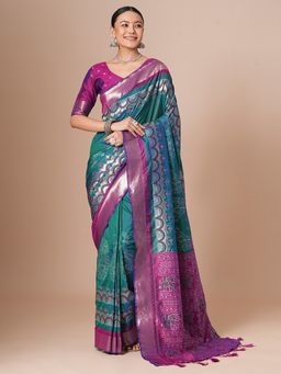 Akhilam - Green Women's Silk Blend Woven Saree with Unstitched Blouse